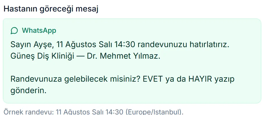 Hastaya giden WhatsApp randevu hatırlatmasının önizlemesi