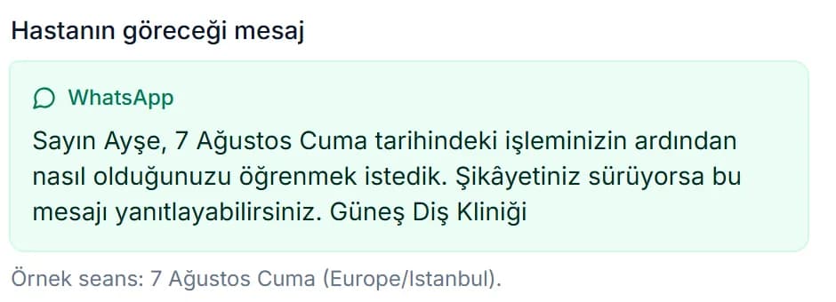 Seanstan sonra hastaya giden takip mesajının önizlemesi